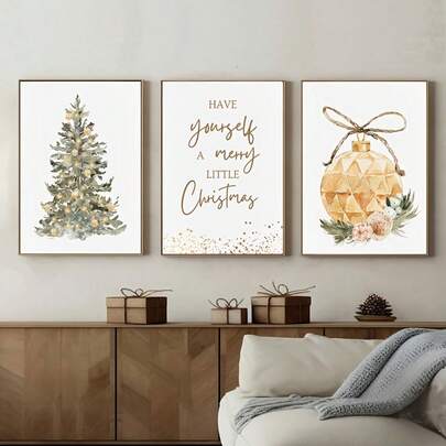 Ensemble de 3 impressions sur canevas d'arbres de Noël vintage et rustiques - style aquarelle, art mural sans cadre pour le salon, la chambre, le bureau à domicile - cadeau de décoration de fête parfait