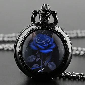 Elegant Blue Rose Pocket Watch Vintage Black Case Glass Dome Design Romantic Timepiece Gift For Her