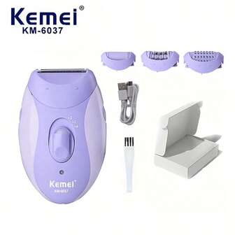  Kemei KM-6037 Recortadora de bikini y depiladora corporal 3 en 1 para mujeres, afeitadora eléctrica inalámbrica recargable, resistente al agua IPX7, eliminación indolora del vello para cara/piernas/axilas, con luz LED, apta para viajes | Afeitadoras eléctricas para mujeres | Afeitadora
