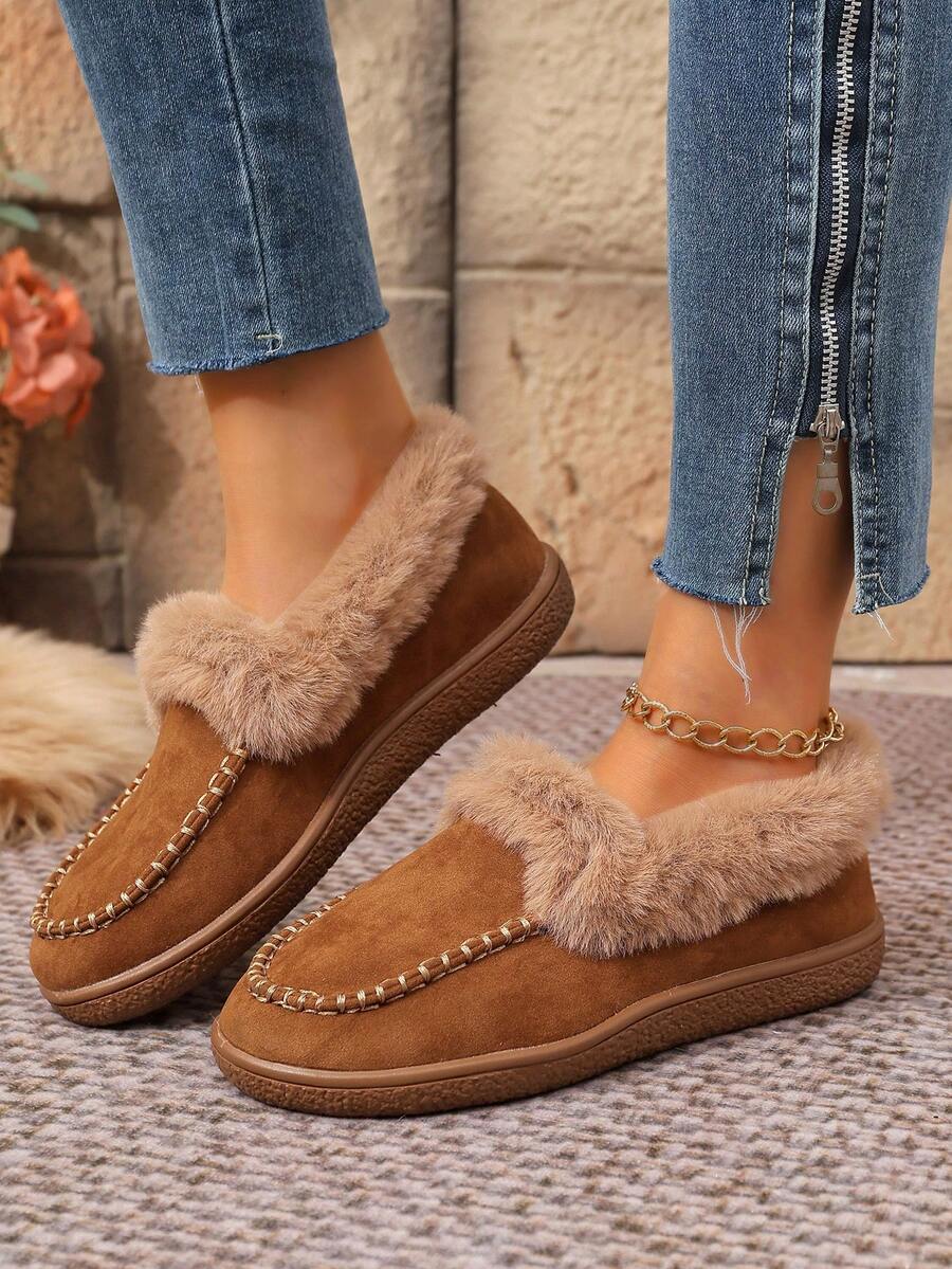 Preppy College Style Plush Lining Casual Sneakers, Soft Sole, Thick & Lined, Warm & Insulated, Suitable For Women