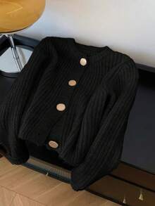 Cárdigan de mujer de unicolor acanalado con botón redondo, prenda de vestir elegante y de moda para otoño/invierno en color negro - Negro - Ver 2