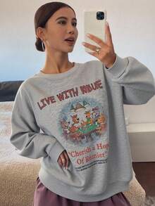 女式卡通印花保暖内衬圆领长袖运动衫 秋冬 - 灰色 - 查看 5