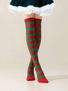 1 Set Women's Christmas Striped Thigh High Socks + Gloves, Red/White, Green/White, Red/Green, Purple/Black Striped Knee Socks, Suitable For Stage Performance, Cosplay, Christmas Party, Winter Warm Socks, Y2K Style