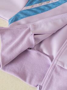 مجموعة من قطعتين، هوديي بسحاب وكتل لوني + بنطلون بكتل لوني، ملابس رياضية وكاجوال للبنات، مناسبة للأنشطة الخارجية والاستخدام اليومي - الأرجواني - مشاهدة 9