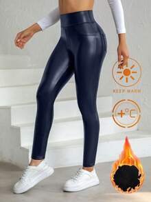 Women'S Faux Patent Leather Leggings With Pockets, Pu Pleather Pants With Butt Lift And Hip Push Up, High Waisted, Thermal Lined For Winter Tights - Navy Blue - View 5