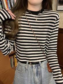 Las mujeres de América retro cuello redondo a rayas camiseta de manga larga, las mujeres de otoño e invierno de fondo interior de la camisa delgado diseño de la camiseta tops cortos - Negro - Ver 4