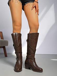 2025 Autumn New Metal Buckle Stacked Heel Boots, Thick Sole Desert Western Over-The-Knee Cowgirl Boots For Women, Side Zipper, Festive