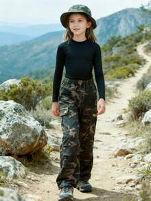 Girls' Versatile Camouflage Cargo Pants, New Outdoor Casual Sports Loose Straight Leg Trousers, Tween Girl & Teens Clothing