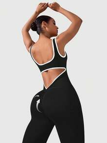 VVX Womens Flare Jumpsuits One Piece Seamless Butt Scrunch Workout Romper Square Neck Backless Wide Leg Unitard Fall Women Outfits - Độ tương phản đen trắng - Xem 3