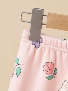 2pcs Girls Thickened Warm Underwear Set, Cartoon Floral Rabbit Print, Thermal Lined Pajamas For Autumn/Winter - Pink - View 8