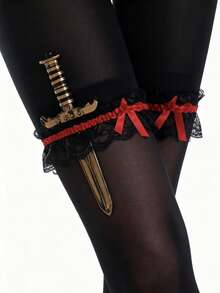 2 piezas Conjunto de liguero de encaje rojo y negro con decoración de cuchillo pirata esqueleto, accesorio versátil para disfraz adecuado para fiesta de Halloween, mascarada y actuaciones