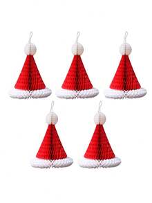 1/5pcs Red & White Christmas Honeycomb Hat, Christmas & New Year Shop Window & Indoor/Outdoor Decoration, Red Paper Honeycomb Ball Santa Hat, Tissue Paper Balls, Christmas Party Decor, Room Decoration