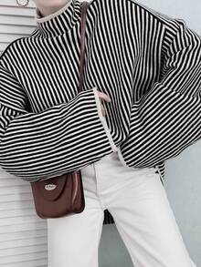 Plus Size Turtleneck Long Sleeve Sweater, Autumn/Winter - Black and White - View 4