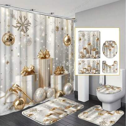 1/4 Piece Luxury Gold Christmas Shower Curtain Set, Christmas Gift, Includes 12 Hooks, Non-Slip Bath Mat And U-Shaped Toilet Seat Cover - Suitable For Winter Holiday Home Decor