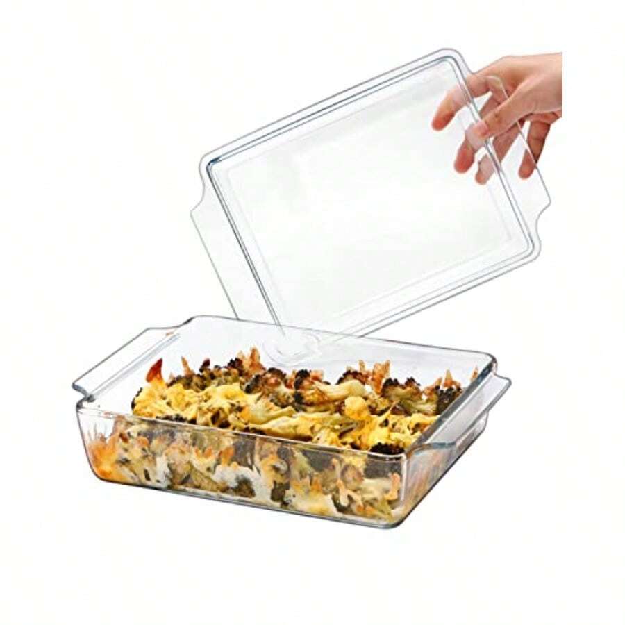 NUTRIUPS Cacerola rectangular de vidrio de 8 x 9.5 pulgadas con tapa de vidrio de 2 cuartos de galón para hornear de vidrio para microondas cacerola de vidrio con tapa - 2LRectangular - Ver 1
