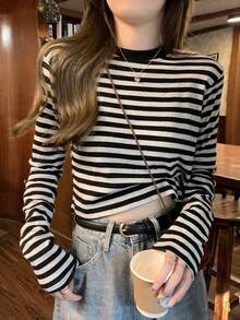 Las mujeres de América retro cuello redondo a rayas camiseta de manga larga, las mujeres de otoño e invierno de fondo interior de la camisa delgado diseño de la camiseta tops cortos - Negro - Ver 2