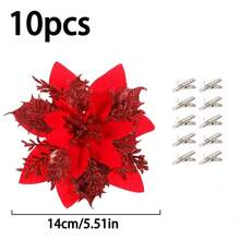 10 件/20 件/1 件闪亮双层一品红人造圣诞花，带夹子，适用于圣诞节、新年、婚礼派对、花环、楼梯、窗户、壁炉、圣诞树装饰、一品红圣诞树饰品、圣诞装饰品、闪光人造一品红、DIY 花环、家居装饰、婚礼派对、圣诞礼物装饰、圣诞装饰品、节日派对装饰、圣诞节 - 酒紅色 - 查看 12