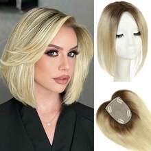 10-calowa prosta nakładka na włosy dla kobiet z przerzedzającymi się włosami, prawdziwe włosy ludzkie, 100% ręcznie wykonana, koronka 3,5 x 5,5 cala, bez grzywki, do zwiększenia objętości (ombre blonde)