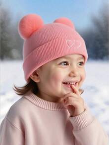 1 pieza Gorra de béisbol de punto con bordado de doble corazón para niños, un sombrero de invierno cálido para niños, adecuado para que las niñas lo usen a diario y como regalo, también adecuado para que los bebés lo usen