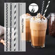 [100 Pack] Mixed Black Patterned Paper Straw, Disposable Straw, Suitable For Birthdays, Coffee, Cocktails, Lemonade, Beverages, Bars, Restaurants, DIY Decoration, Party Supplies, Weddings, New Year's, Bride/Baby Baptism, Halloween, Christmas Decoration