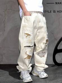 American Fashion Retro Ripped Washed Casual Jeans For Men, Thin, Loose, Straight Leg, Rugged And Handsome Long Pants