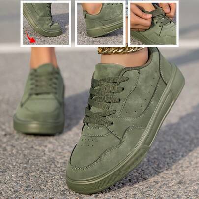 أحذية رياضية كلاسيكية عتيقة منخفضة الأعلى - أحذية ذات رباط زيتوني أخضر، من مواد صناعية علوية ووحدة وسادة EVA مريحة، مناسبة للياقة البدنية والجري والارتداء اليومي - أحذية مشتركة بين الجنسين لجميع المواسم