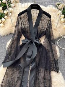 SOFUSEN 2 PCS Sheer Kimono Robe Lingerie Set With Belt,Long Sleeve Transparent Mesh Cover Up Deep V Front,Long Lace Robe For Women, Photoshoot, Valentine's   Gift,   Costume - màu đen - Xem 2