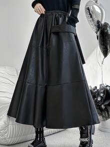 Women's Black Faux Leather PU Solid Color Casual Pocket Maxi Skirt, Suitable For Daily Wear And Street Style, All Seasons