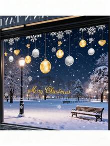 2 Pieces, Christmas Holiday Decoration, Store Window Glass Door Static Sticker, Window Window Sticker, Christmas Silver And Gold Ball Decoration Sticker