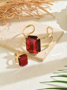 2 pièces Ensemble de bracelet et bague en faux pierres précieuses, cadeau à la mode et élégant pour maman et les êtres chers - ensemble de bagues et bracelets - Voir 12