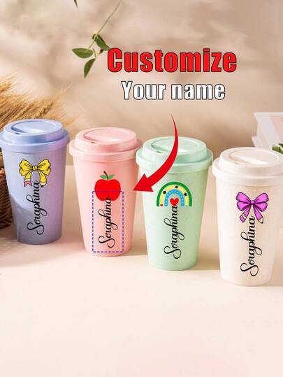 Customized Wheat Straw Single-Layer Coffee Cup With Creative Patterns Of Apple, Rainbow, And Bow, Suitable For Holding Coffee, Tea, Milk, Concentrated Juice, Coffee And Other Seasonal Beverages, Including A Drinking Spout, A Must-Have For Outdoor Camping, Birthday Gifts, Household Items, Cute And Exquisite Personalized Gifts, For Loved Ones, And Back-To-School Gifts