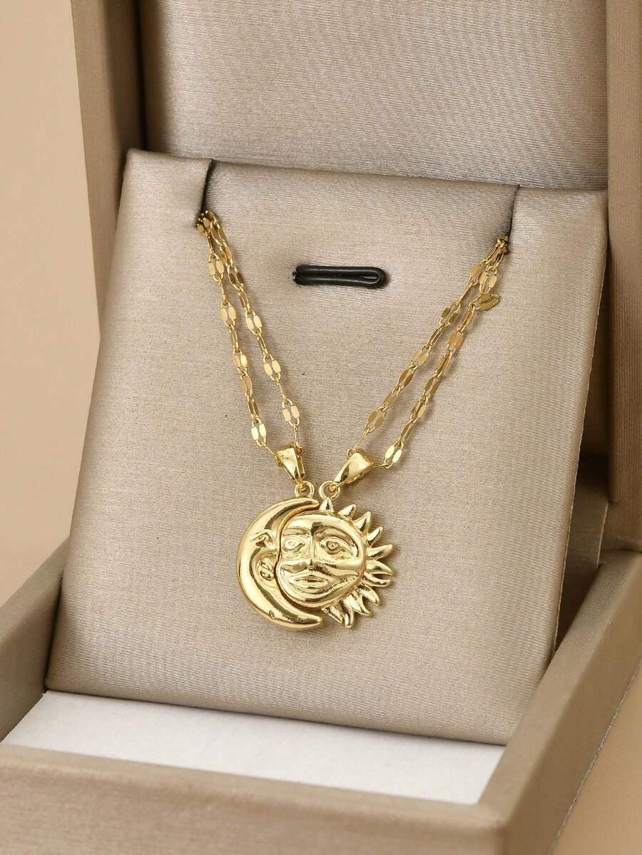 2pcs Cute Heart-Shaped Combination Stainless Steel Necklace, Sun & Moon, Cartoon, Couples, Friendship, Gold Jewelry, Stainless Steel Jewelry, Birthday Gift, Gift For Couples, Friend, Bestie, Parents