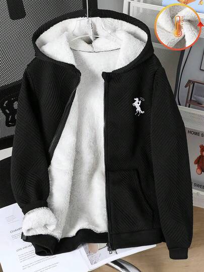 1 قطعة معطف مبطن دافئ مريح للأولاد المراهقين مع نمط ماسي وتطريز بتصميم حصان، للخريف والشتاء