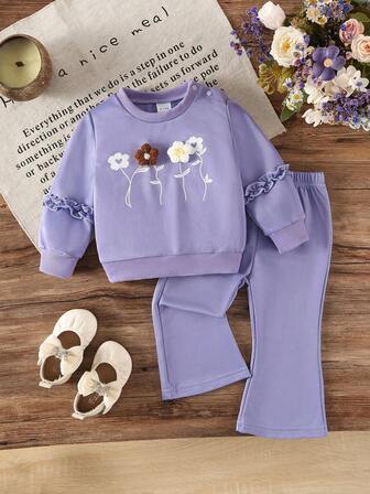 Baby Girls Casual Floral Decor Open Shoulder Long Sleeve Top & Ribbed Solid Color Flare Pants 2 Pieces Set, Comfortable & Versatile, Autumn/Winter