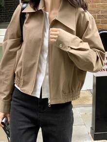 Chaqueta exterior de mujer estilo coreano de unicolor con solapa y cremallera, Nora Noon