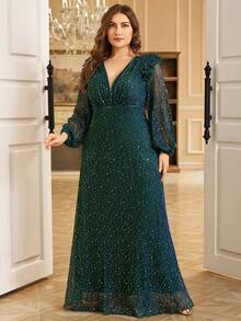 UNITHORSE V-Neck Ruffle Trim Lantern Sleeve Pleated Sequin Patchwork Party Dress