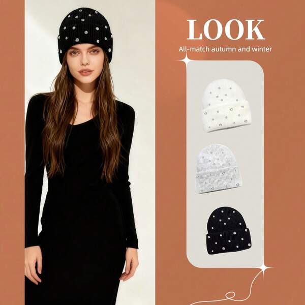 1 Stück Dekorative Mütze mit Plüsch und Strass, warm, dick, modisch, vielseitig, süße gestrickte Damenmütze, geeignet für Herbst und Winter, warm und dick