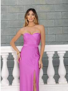 Long Strapless Dress With Slit Mesh Prd - 粉色 - 查看 9