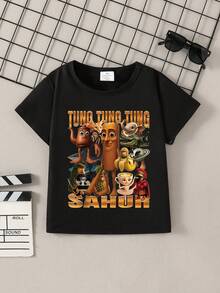 Young Boys Funny Letter Slogan "Tung Tung Tung Sahur" And Wooden Stick Figure Print Short Sleeve T-Shirt, Casual Summer