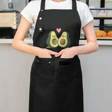 Cute Kawaii Avocado Print Apron For Women - High Quality & Polyester Kitchen Apron With Two Pockets, Adjustable Neck Strap & Golden Buckles - Perfect For Cooking, Baking, Home Chefs, Cooking Wear, Playful Kitchenwear, Durable Fabric, Food Prep Accessory - màu đen - Xem 6