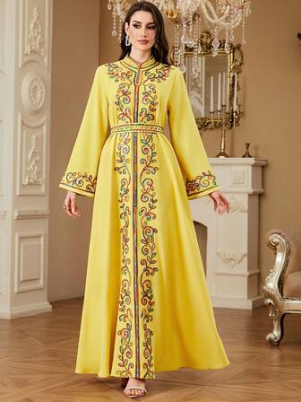 SISKAKIA Elegant Floral Print Embroidered Woven Fabric Dress, Suitable For Holidays, Dates, Birthdays, Formal Parties, All Seasons