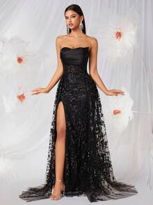 Elisanya Robe dos nu avec col ras-du-cou, broderie perlée, fente haute et détails de liens, convient pour les fêtes, les banquets et les occasions formelles