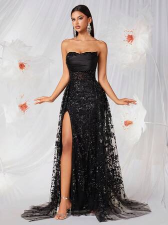 ADYCE Abito elegante da donna con perle ricamate, senza spalline, con apertura laterale, schiena scoperta, lungo fino a terra, adatto per feste di laurea, compleanni, appuntamenti serali, feste di ritorno a casa, matrimoni, cene formali, feste di famiglia, Capodanno