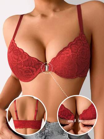 万圣节性感法式蕾丝边女士内衣，前开合聚拢工字背文胸