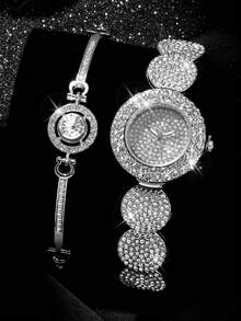 2 件套：女士时尚闪亮水晶钢带石英腕表，配配套手链 - 銀色 - 查看 6