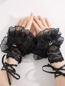 1 đôi găng tay hở ngón kiểu Lolita viền ren xếp nếp, cổ tay ren đen trắng, phụ kiện váy dự tiệc, găng tay cưới. - Nhiều màu - Xem 12