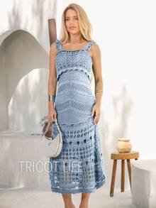 Women's Crochet Midi Dress, Lined, Elegant, New Year's Eve Party, Casual, Batal, Wedding, Gender Reveal - 淺藍色 - 查看 5