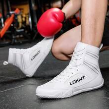 Sapatos de luta livre masculinos, sapatos de boxe de cano alto, sapatos de treino, botas de kickboxing, sapatos de muay thai, sapatos de artes marciais para fitness, sapatos esportivos profissionais masculinos de alta qualidade, confortáveis, antiderrapantes, duráveis, respiráveis, com suporte para o tornozelo e sola texturizada.