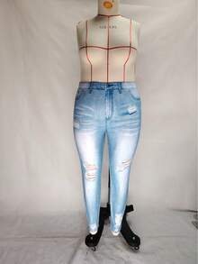 Winter Minimalist Versatile Denim Effect Skinny Fleece Leggings - Baby Blue - View 2