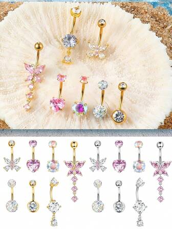 7 件套金肚脐环 - 女士医用钢吊坠肚脐环 14G 精致彩色粉金银肚脐穿孔首饰